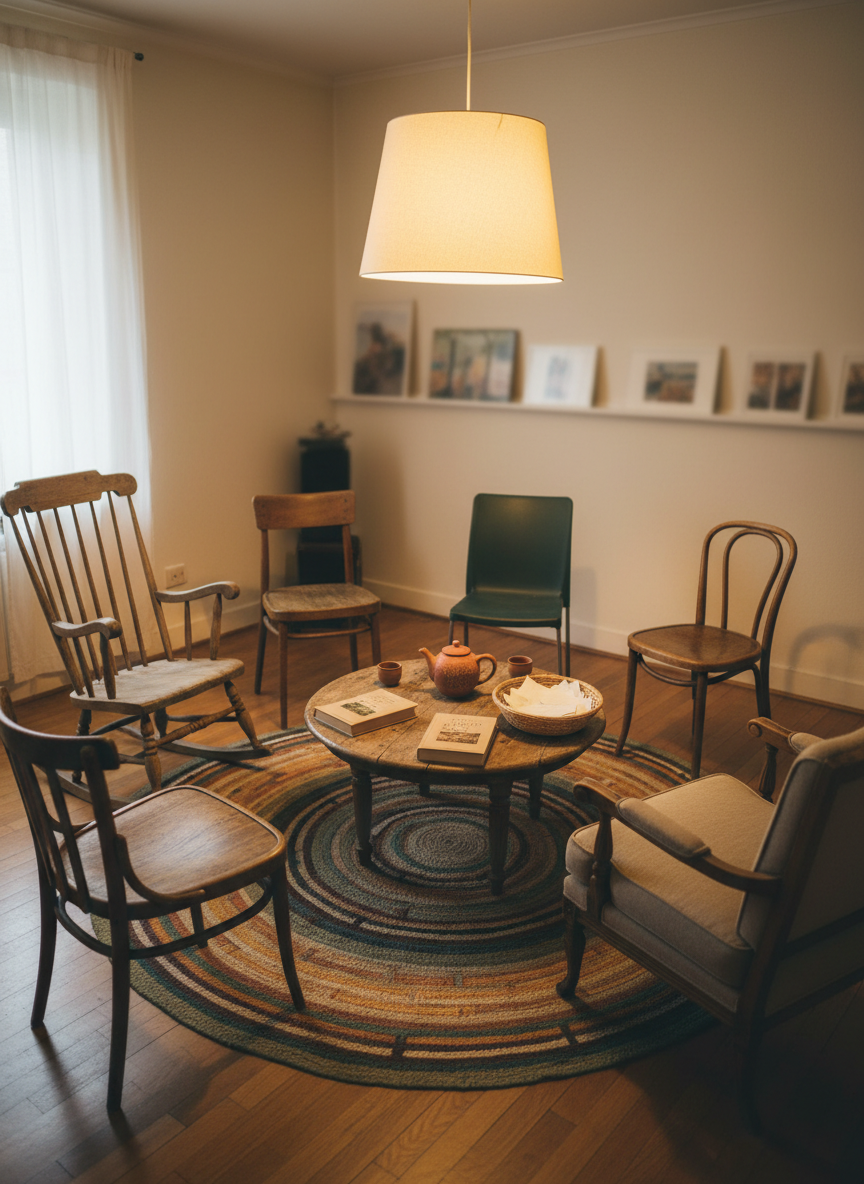 A circle of empty, mismatched wooden and plastic chairs surrounds a low, round coffee table in a modest, warmly lit living room space. On the table are several closed, plain-covered books, a simple clay teapot with two cups, and a small woven basket containing folded paper. A patterned rug with subtle geometric designs in muted colors suggests cultural diversity without specific symbols. Soft, warm pendant lighting overhead casts gentle, inviting light and soft shadows. Photographic realism, eye-level composition with a slight wide-angle lens to capture the entire circle. The atmosphere feels welcoming, reflective of a safe space for cross-cultural discipleship conversations, even though no people are present.