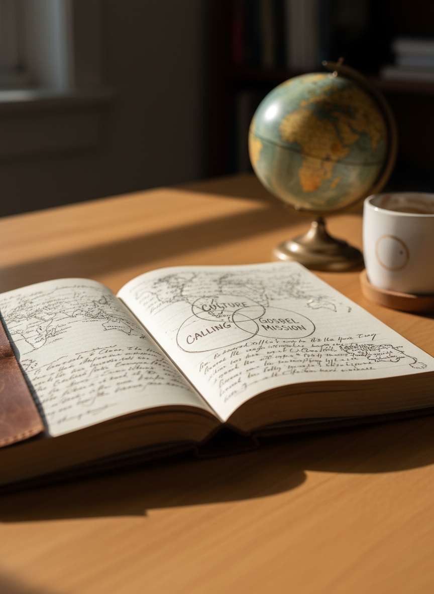 A well-worn leather-bound journal lies open on a smooth wooden desk, its pages filled with handwritten notes, maps, and simple diagrams of intersecting circles representing culture, calling, and gospel mission. Beside it rests a modest globe with visible coastlines and varied earth tones, and a ceramic mug with faint coffee rings on a coaster. Soft morning light filters through an unseen window, casting gentle, angled shadows and subtly highlighting the texture of the paper and leather. Photographic realism, shot from a slightly elevated angle with shallow depth of field, keeping the journal in crisp focus while the globe and background blur, creating a calm, reflective atmosphere suited to cross-cultural discipleship study.