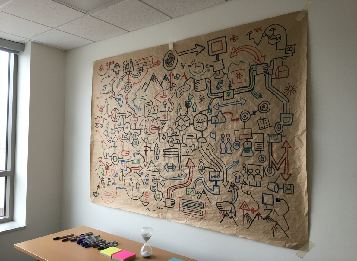 A large sheet of kraft paper is taped to a wall in a simple meeting room, covered not with words but with hand-drawn arrows, symbols, and abstract icons representing a discipleship pathway across cultures. Below it, on a narrow table, sit colored markers, sticky notes without text, and a small hourglass half-drained of sand. Overhead fluorescent lights blend with soft daylight from a nearby window, casting even, neutral lighting with mild reflections on the marker casings. Photographic realism, shot from a slight side angle so the drawn symbols recede into the background, creating depth. The atmosphere is collaborative and strategic, suggesting a team thoughtfully designing contextual disciple-making processes.